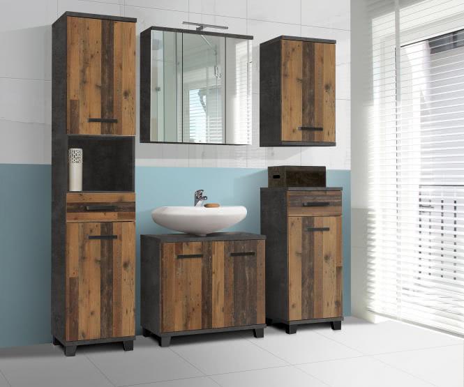 Badezimmer 5-tlg VERIS inkl LED Beleuchtung von FORTE Beton dunkelgrau / Old-Wood Vintage