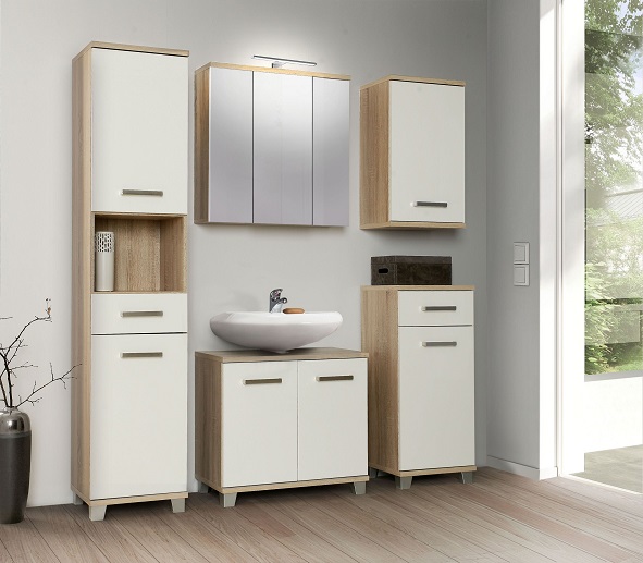 Badezimmer 5-tlg. VERIS inkl LED Beleuchtung von FORTE Weiss / Sonoma Eiche