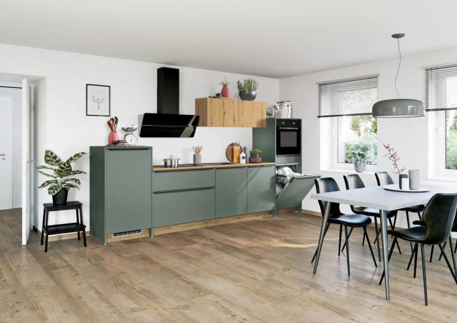 Küchenzeile Dunkelgrün / Eiche mit schwarzen Griffen 320 cm breit