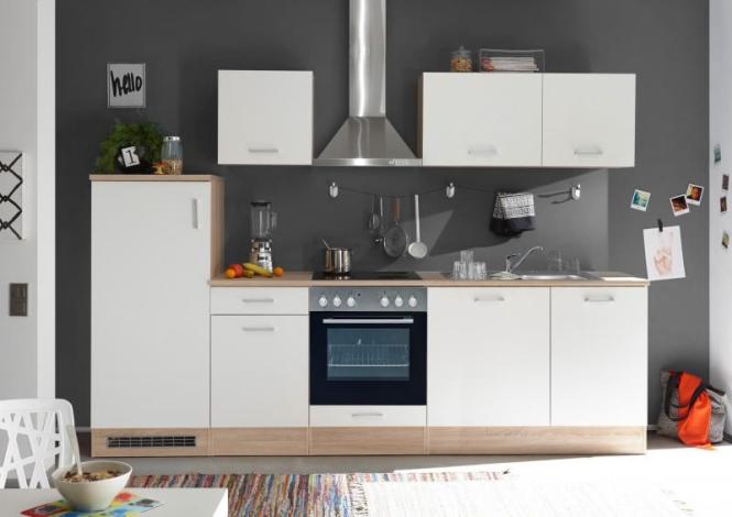 Küchenblock 280 cm inkl. Elektro-Set Andy 280 von Bega Korpus Sonoma Eiche Nachbildung / Front weiss matt