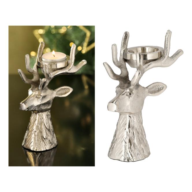 Deko-Figur Teelichthalter Hirschkopf Aluminium 1 Stück ca. 10 x 17 x 10 cm von CEPEWA Silber