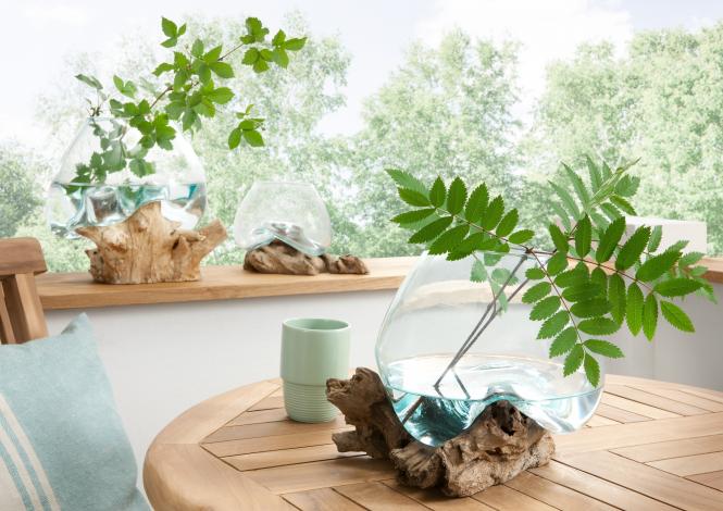 Deko-Glas DROP flach 13 cm hoch Teak Wurzel Natur Hellbraun / Weiß