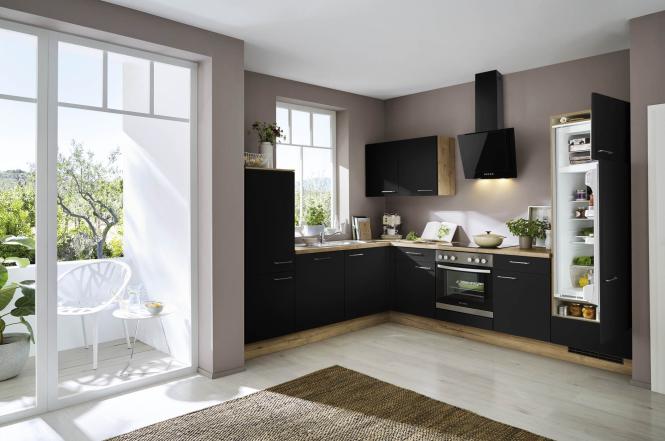 Einbauküche LASER 463 inkl E-Geräte und Einbauspüle ca. 245 x 275 cm von Nobilia Schwarzbetonoptik / Sierra Eiche NB