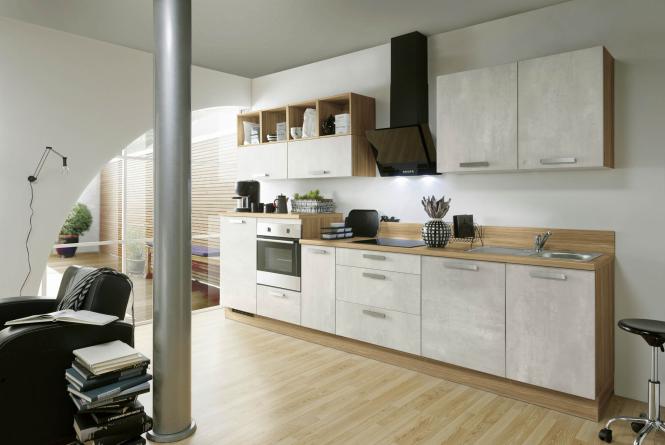 Küchenzeile 350 cm breit inkl E-Geräte und Einbauspüle von Burger Weiß / Eiche NB