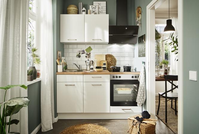 Küchenzeile Leerblock 160cm Teeküche inkl. Spüle und Spültischarmatur PKW 516002 von Pino Küchen Weiß / Eiche Evoke