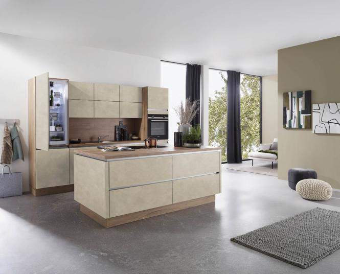 Küchenzeile mit Insel inkl E-Geräte BOSCH und Einbauspüle ca. 300 + 200 cm von Nobilia Betonoptik Seide / Sierra Eiche NB