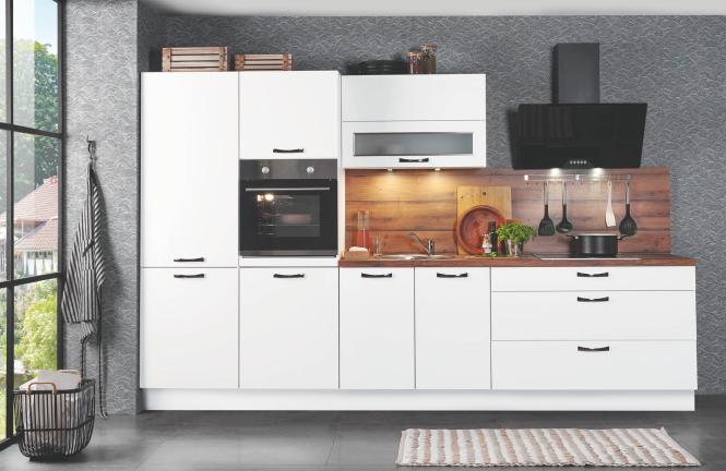 Einbauküche Cindy 239 inkl E-Geräte und Einbauspüle ca. 330 cm breit von Burger Seidenmatt Weiß / Historic Eiche NB