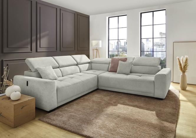 Ecksofa inkl. elektrischer Auszug, Kopfteil verstellbar, USB-A+C und 2 Zierkissen variabel montierbar Hellgrau