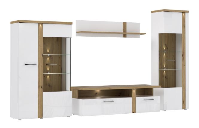 Wohnwand 4-tlg inkl Beleuchtung Tuluza von Forte Weiss / Artisan Eiche