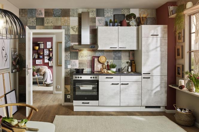 Küchenzeile 220cm Komplettküche inkl. E-Geräte + Zubehör PKW 522003 von Pino Küchen Beton Weißgrau / Beton Grafitgrau