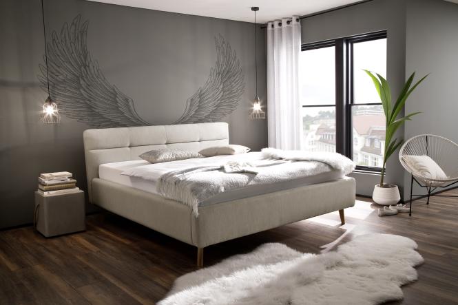 160x200 Polsterbett LOTTE von Meise Möbel Kopfteil gesteppt MELVA beige / Fuß Eiche natur