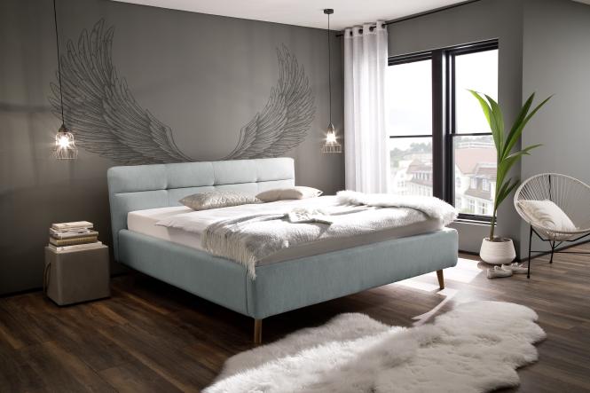 160x200 Polsterbett LOTTE von Meise Möbel Kopfteil gesteppt MELVA eisblau / Fuß Eiche natur