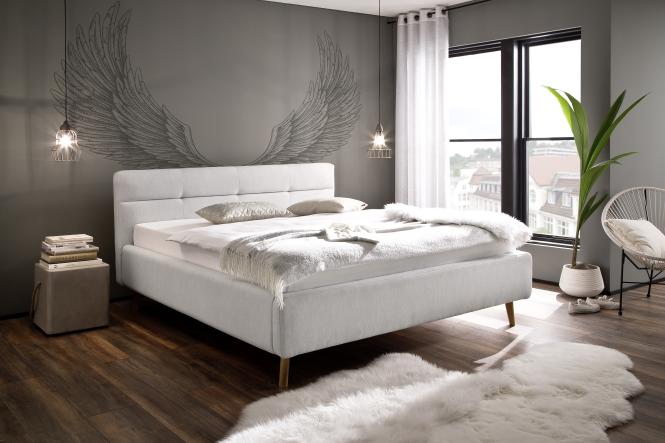 160x200 Polsterbett LOTTE von Meise Möbel Kopfteil gesteppt MELVA hellgrau / Fuß Eiche natur