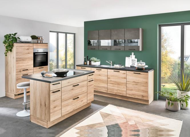 Einbauküche RIVA 893 inkl E-Geräte und Einbauspüle ca. 120 + 150 + 240 cm breit von Nobilia San Remo Eiche NB / Schwarzbetonoptik