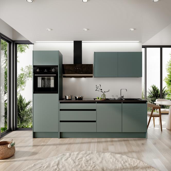 Küchenblock 273 cm inkl. Elektro-Set inkl. Granitspüle Troja von Bega Korpus Dunkelgrün