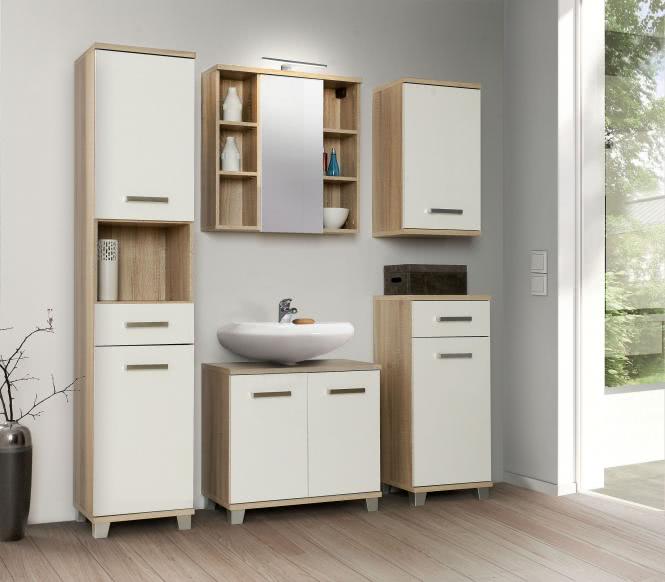 Badezimmer VERIS inkl LED Beleuchtung von FORTE Weiss / Sonoma Eiche