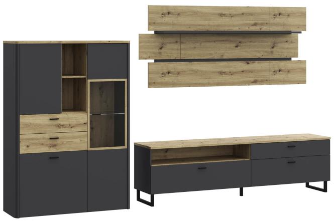 Wohnwand 3-tlg LEOKADIA von Forte Artisan Oak Nachbildung / Uni Wolfram grau