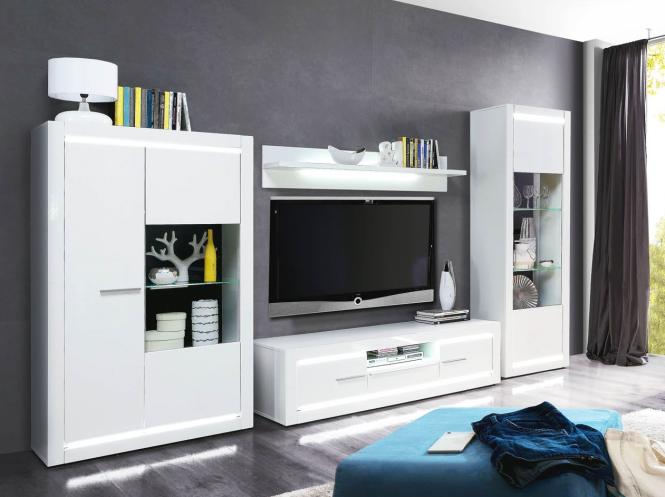 Wohnwand 4-tlg inkl Beleuchtung L-Light von Forte Weiss Hochglanz