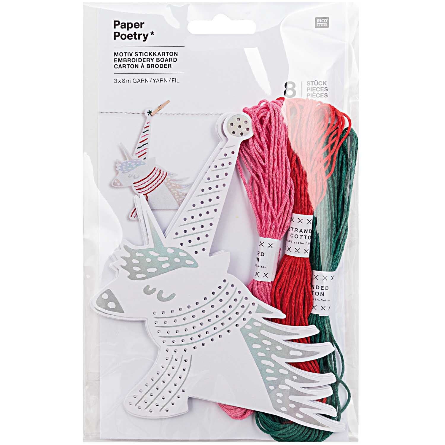Rico Design Paper Poetry Stickkarton Einhorn mit Garn und Nadel 8 Stück