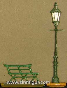 Berliner Zinnfiguren Altberliner Gaslaterne um 1890 und Parkbank