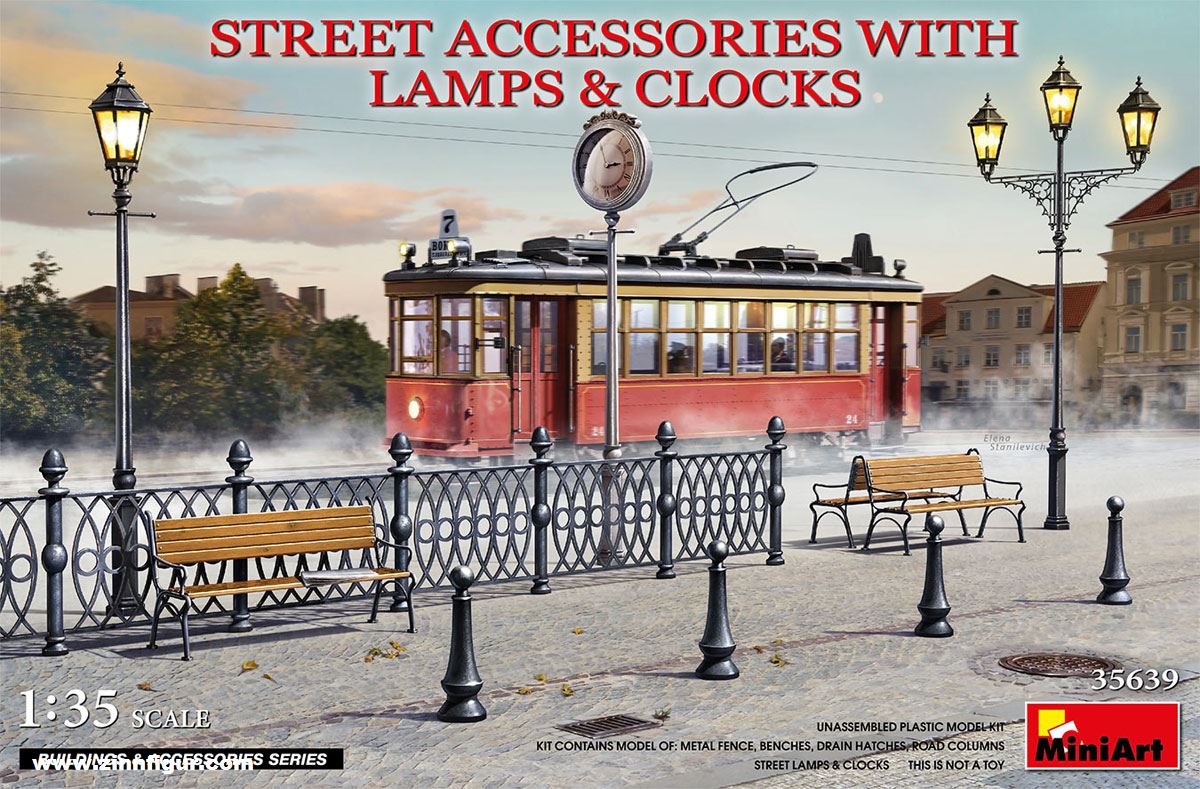Miniart Straßenzubehör mit Laternen und Uhren