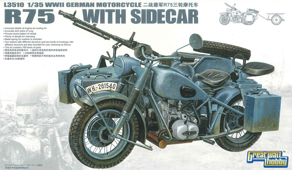 Lion Roar / Great Wall Hobby Motorrad BMW R75 mit Beiwagen und Anhänger