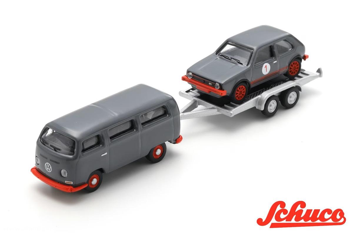 Schuco VW T2 Bus mit VW Golf I GTI auf Anhänger