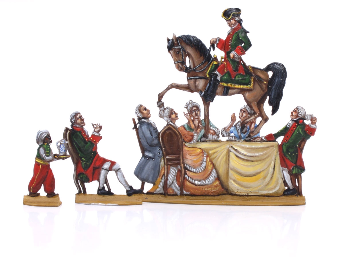 Kulturhistorische Zinnfiguren Wolfgang Unger Münchhausen reitet auf Kaffee-Tisch
