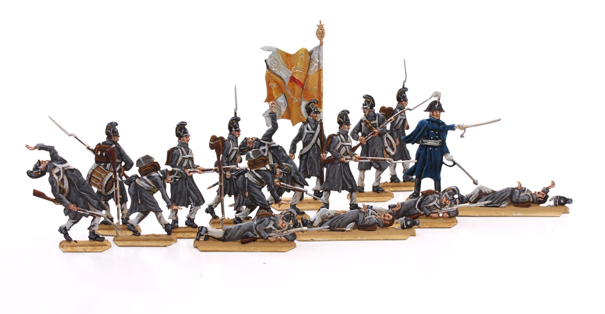 Berliner Zinnfiguren Infanterie (im Mantel) im Gefecht